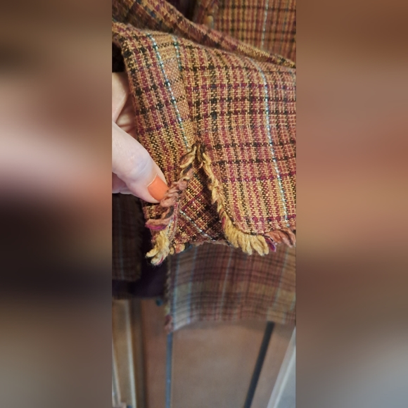 Ladies Coldwater Creek 14 Browns Neutral Plaid Woven Long Sleeve Blazer Fringed - Picture 3 of 8